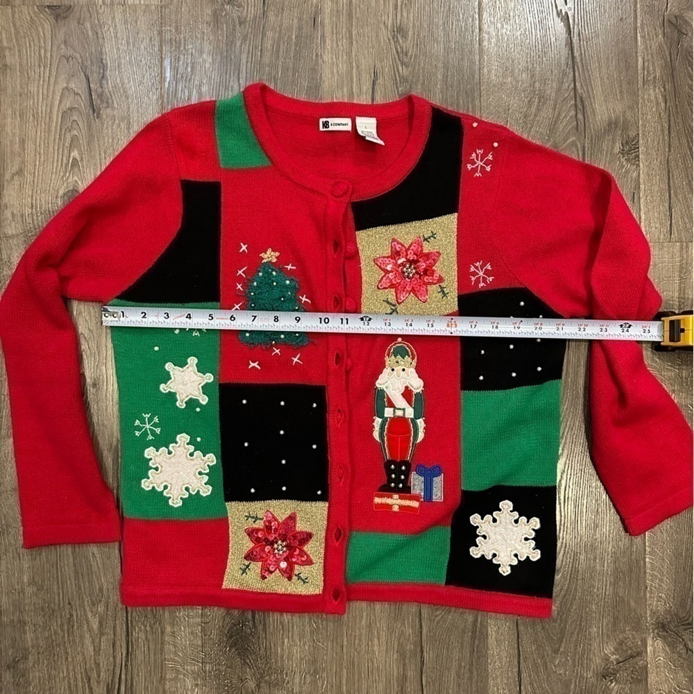 KB Womens Large Cardigan Ugly Sweater Christmas Tree Nutcracker Poinsettia VTG - Picture 6 of 9